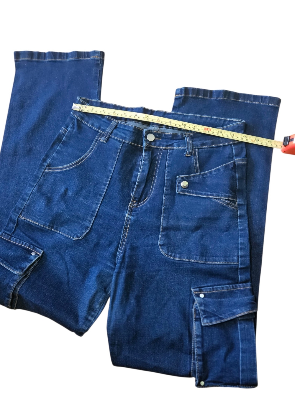 Y2K Wide Leg Denim Cargo Jeans Blue Utility Multi-Pocket Mid High Rise Size M/L - Picture 7 of 7